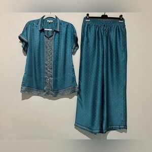 Max Studio-Turquoise-Blue-Print-Matched-Set-Short-Sleeve-Wide-Leg-Pants